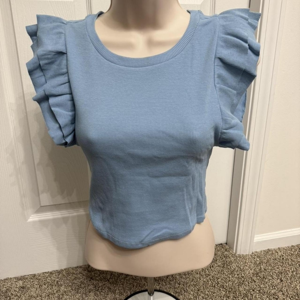 Zara Light Blue Ruffle Sleeve Ribbed Top